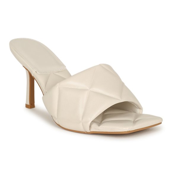 Bamboo Square Toe Padded Quilted Vegan Leather Open Toe Mule Heel - White - Picture 2 of 6